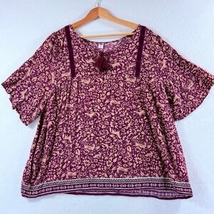 Old‎ Navy Peasant Top Womens XXL Burgundy Floral Fairy Woodland Fox Cottagecore